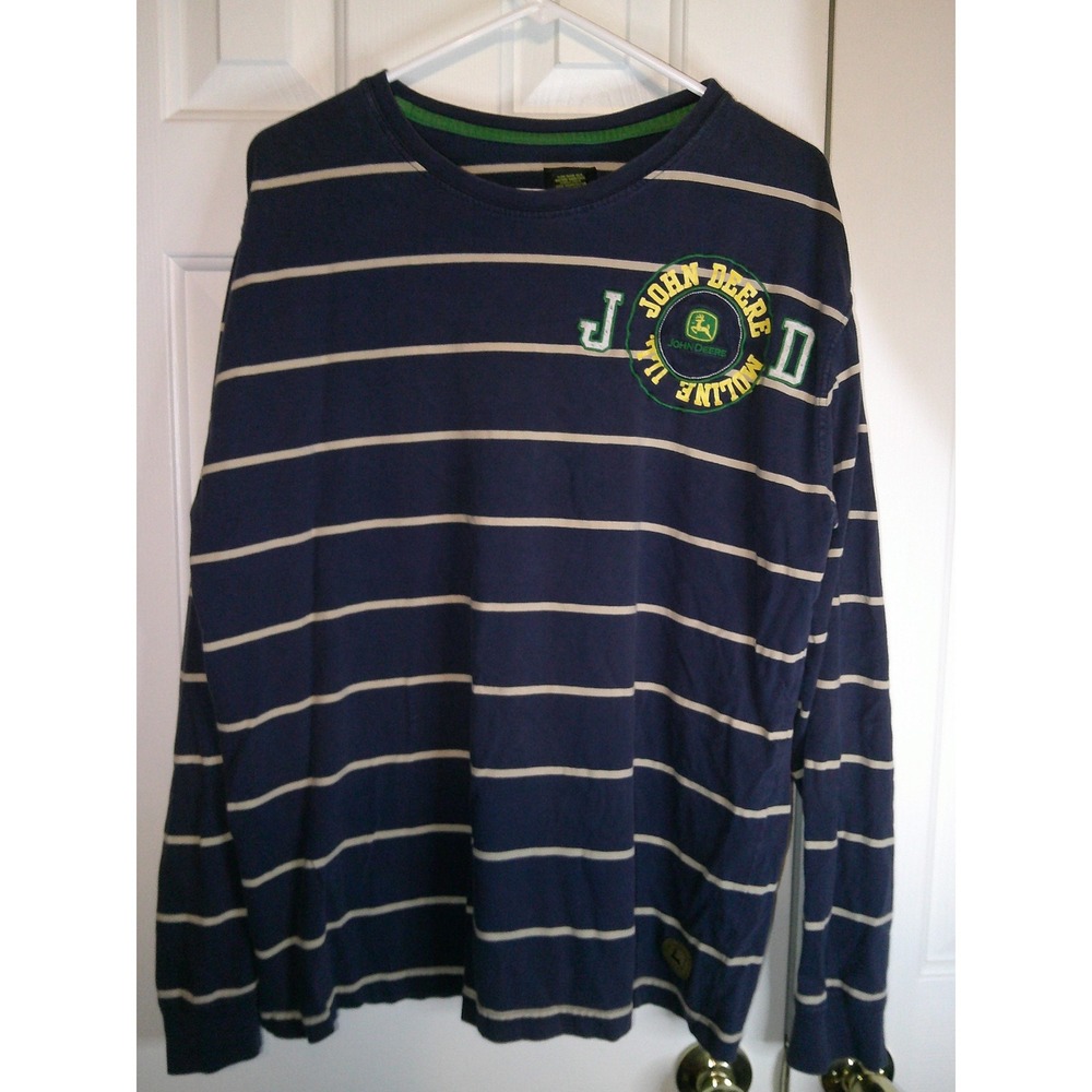 John Deere‎ Striped Long Sleeve T-Shirt Graphic Print Cotton Blend L
